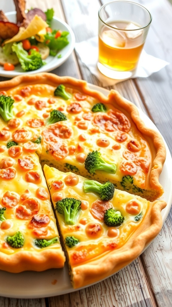 A slice of broccoli cheese quiche on a rustic table, showcasing a golden crust and green broccoli filling.